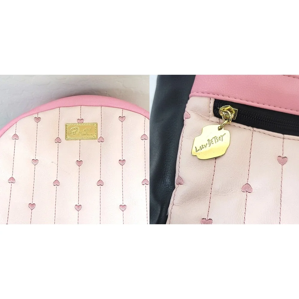 Luv Betsey Backpack Women Pink Black Heart Quilted Faux Leather Gold Tone